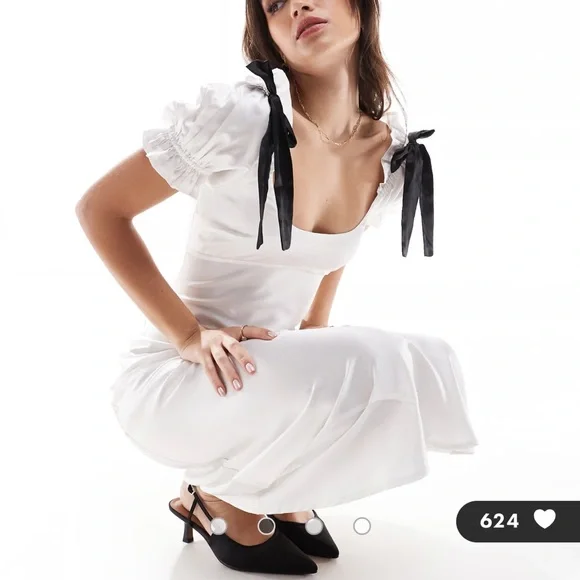 ASOS DESIGN satin puff sleeve midi tea dress in white - Picture 2 of 13